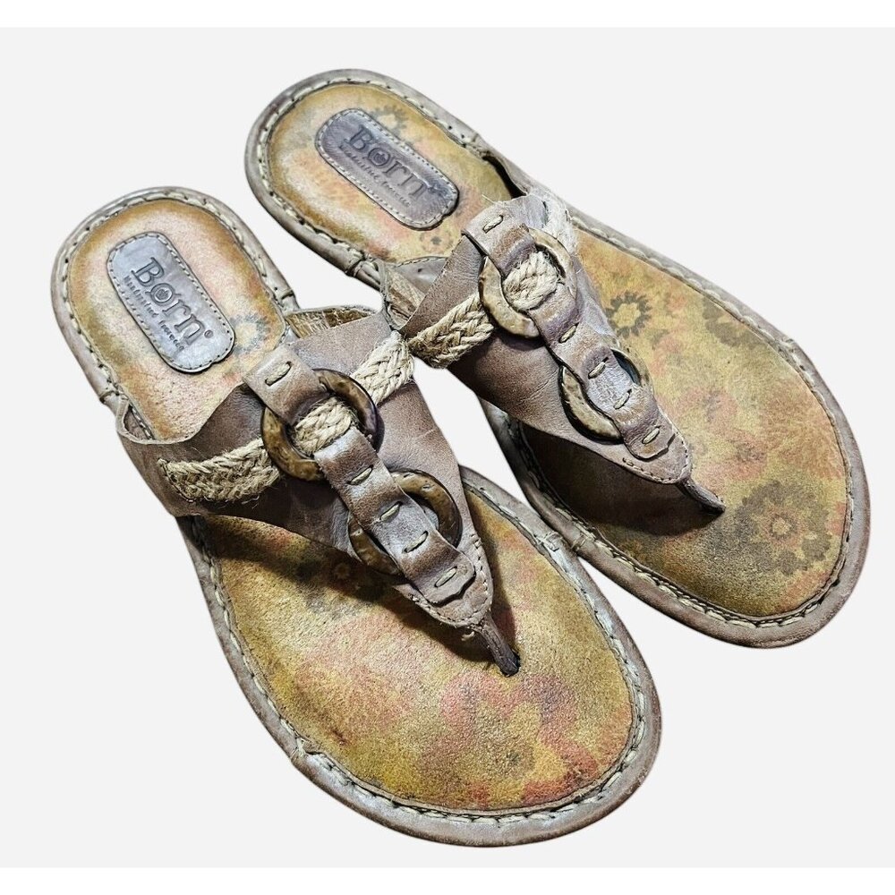 Born Sandals Womens 7 Brown Comfort Slip On Thong Flip Flops Floral